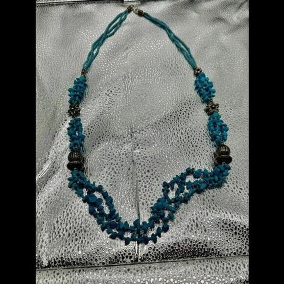 Jewelry - Turquoise Beaded Necklace with Silver Floral Accents